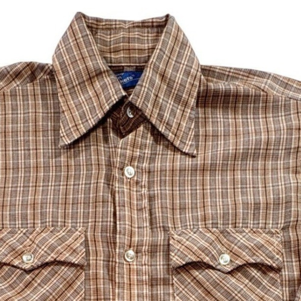 JCPenney Plain Pockets Plaid Shirt Men Medium Vintage Brown 70s Western Workwear